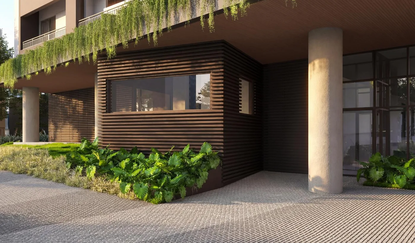 Perspectiva ilustrada do acesso residencial — Nex One Capote Valente