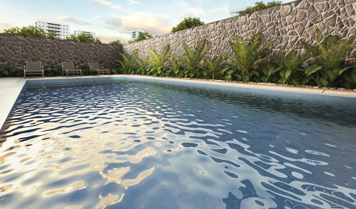 Perspectiva ilustrada da piscina com solário — Nex One Capote Valente
