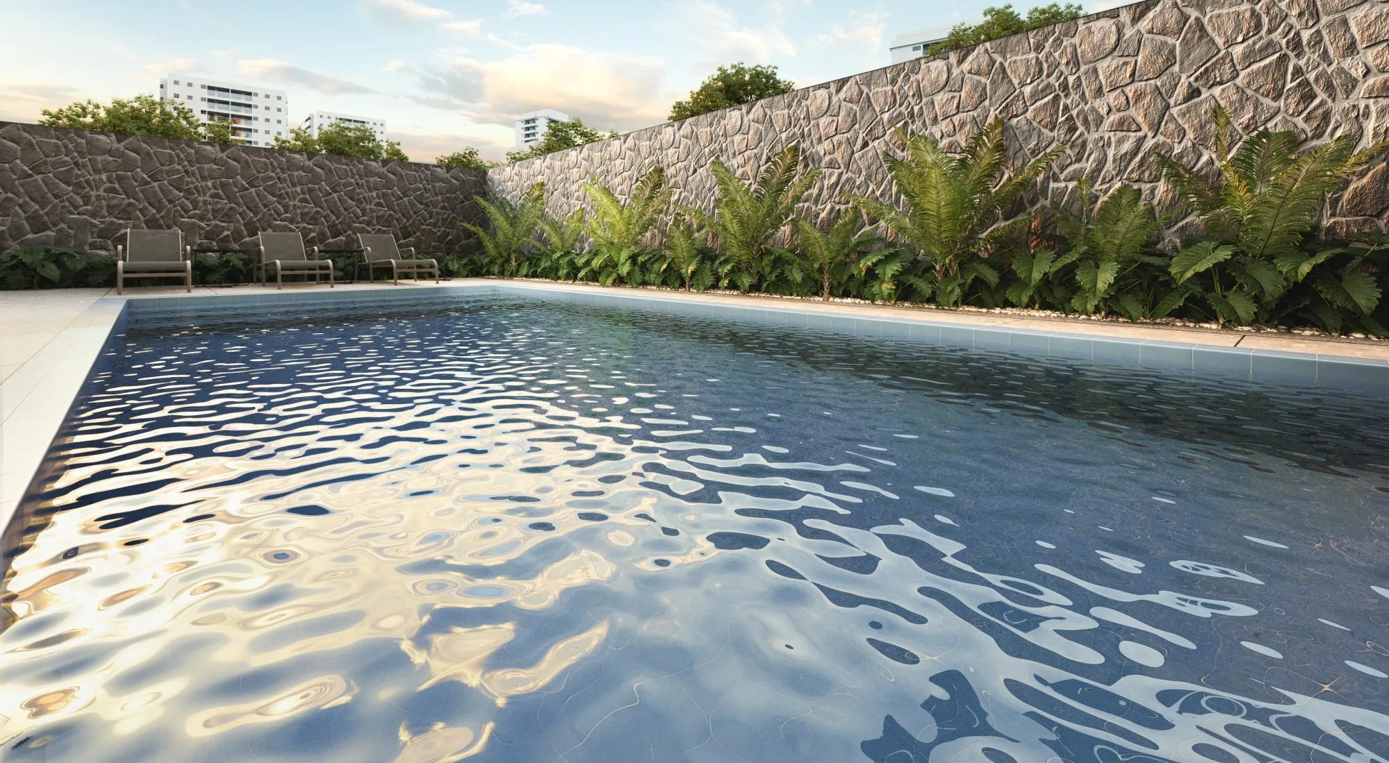 Perspectiva ilustrada da piscina com solário do Nex One Capote Valente