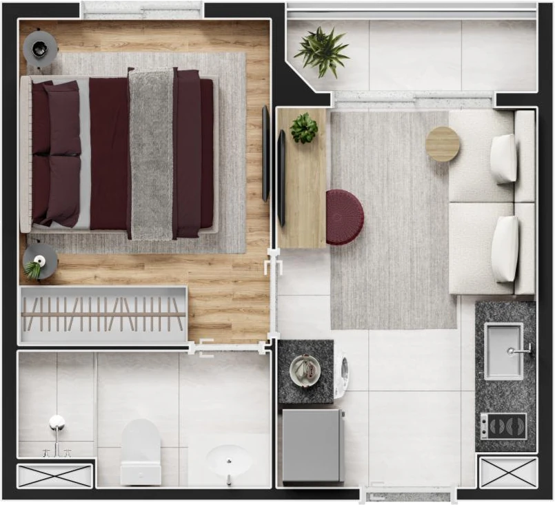 Planta Pavimento tipo — 23,84 a 25,10 m² úteis, 1 dormitório · terraço