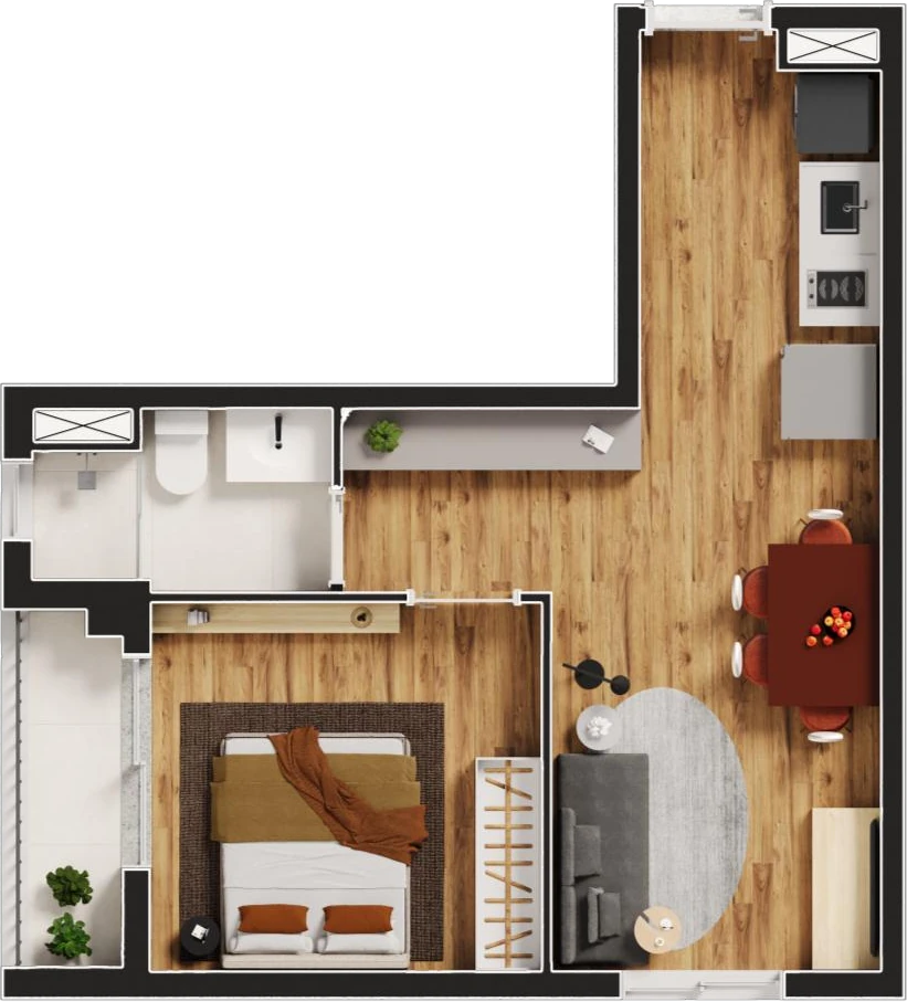 Planta Pavimento tipo — 35,25 m² úteis, 1 dormitório · terraço