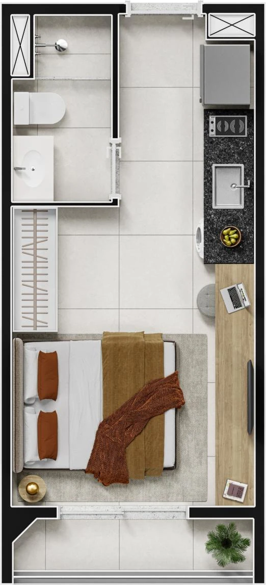 Planta Pavimento tipo — 22,37 a 24,07 m² úteis, Studio · terraço